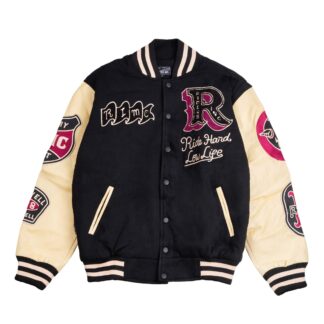 Foto tampak depan jaket varsity pria hitam brand lokal
